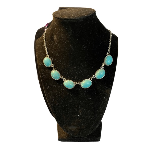 Paparazzi aquamarine and silver toned earring and necklace set.